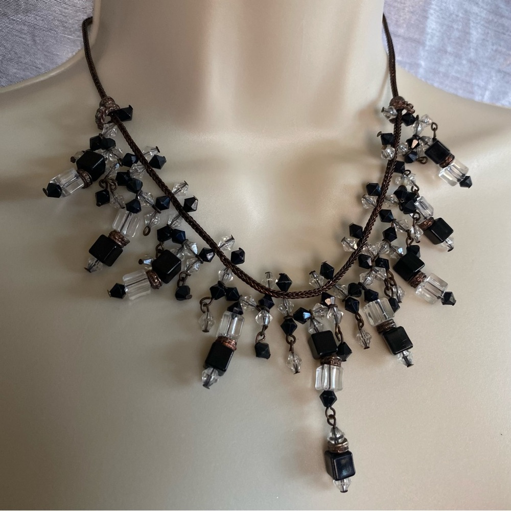 Vintage Marc Labat black/clear glass and bronze tone necklace 16”-18” long GUC